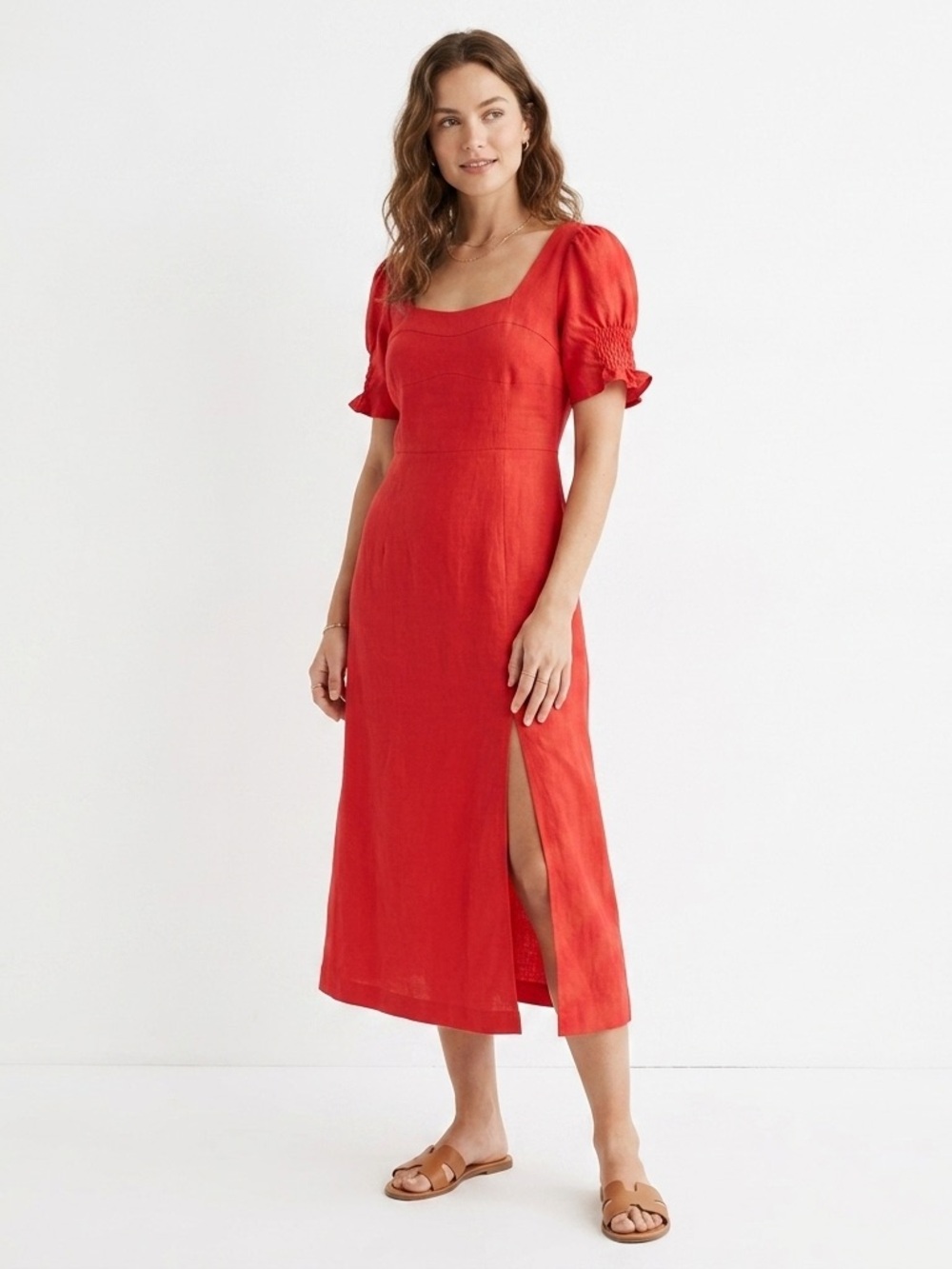 En Saison Red Linen Blend Puff Smocked Sleeve Midi Dress - Square Neck, Slit